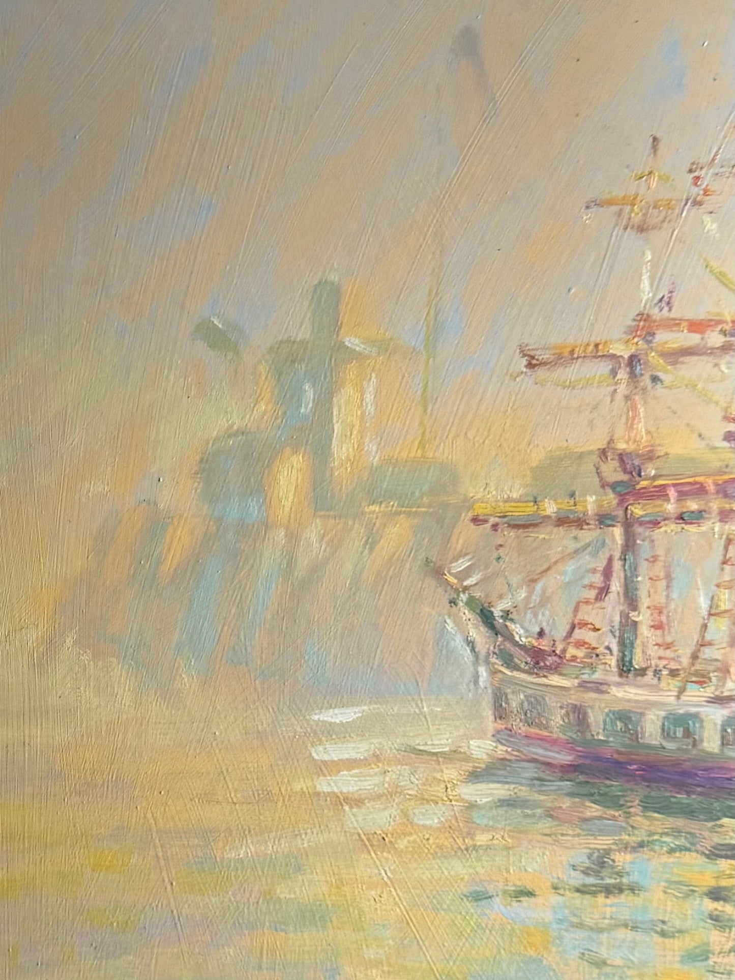 Impressionist Barque Sailing Ship Leaving Port At Dawn Oil Painting - Roy Hodds