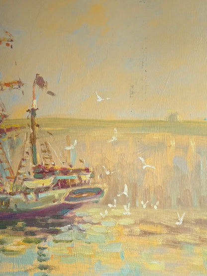 Impressionist Barque Sailing Ship Leaving Port At Dawn Oil Painting - Roy Hodds