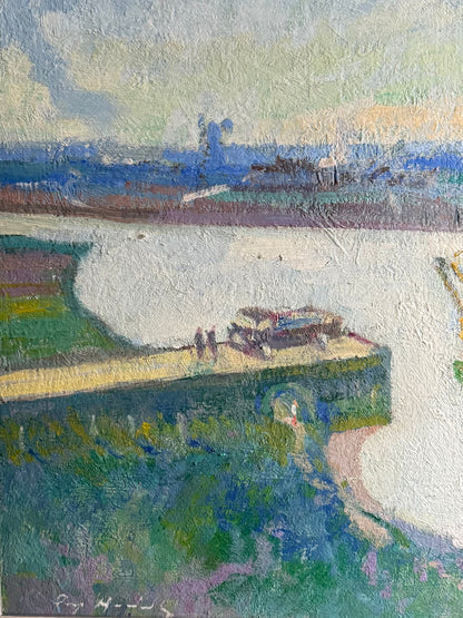 Impressionist Breydon Swing Bridge With Boats Passing Oil Painting - Roy Hodds