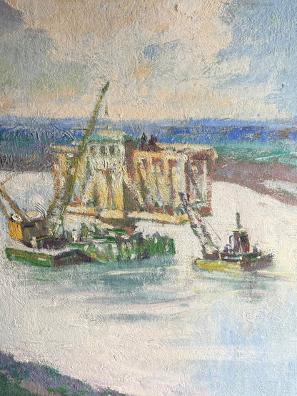 Impressionist Breydon Swing Bridge With Boats Passing Oil Painting - Roy Hodds