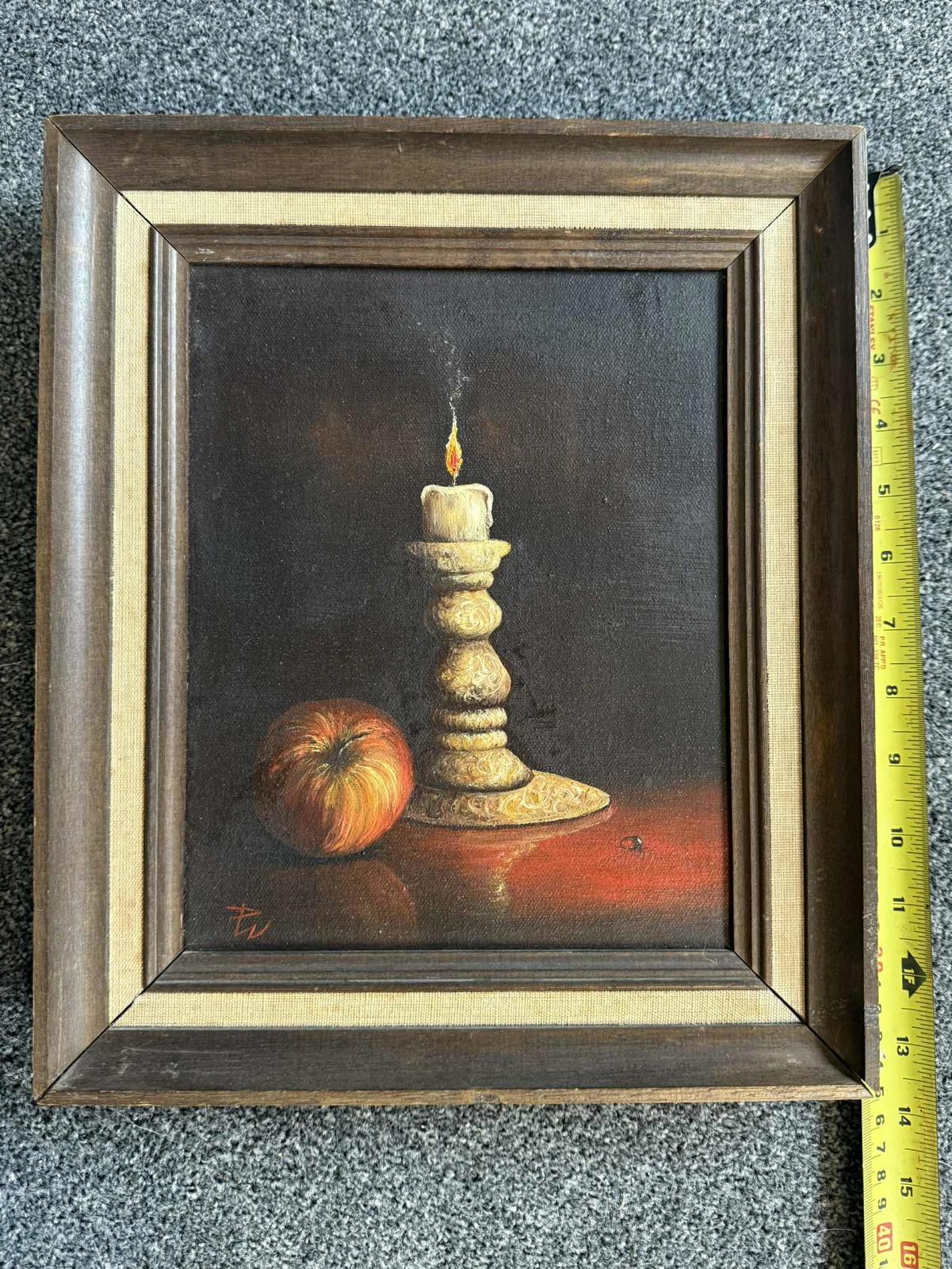 Vintage Still Life Oil Painting Of A Candle in Wooden Frame - Singed "PW"