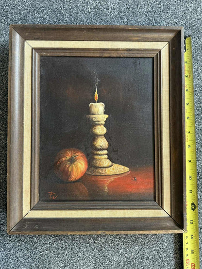 Vintage Still Life Oil Painting Of A Candle in Wooden Frame - Singed "PW"