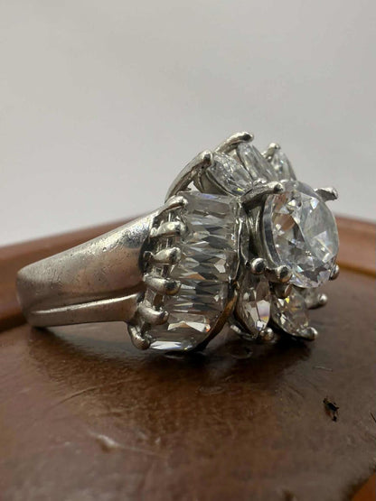 Quality 925 Sterling Silver White Stone Cluster Ring • Size - N • 6.75 Grams