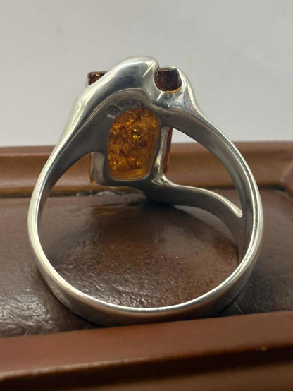 Quality 925 Sterling Silver Amber Set Ring• Size - S • 5.78 Grams