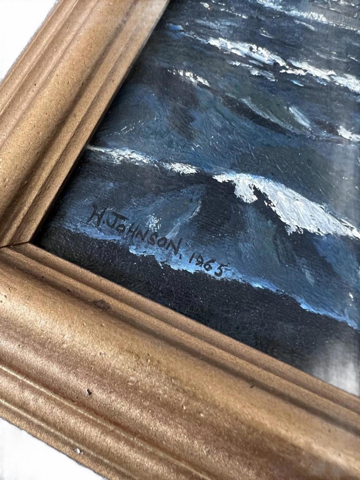 Dramatic Naval Battle Oil Painting - 1965 - Signed "H Johnson"