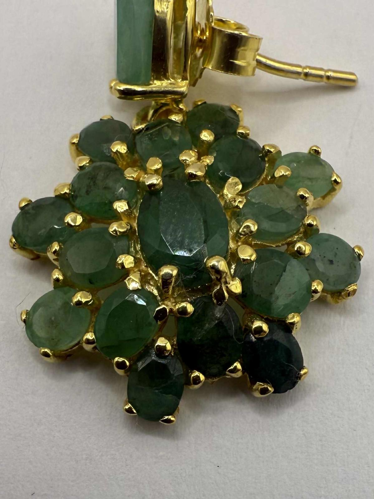 Quality 925 Gold Plated Emerald Cluster Dangle Earrings - 6.19 Grams