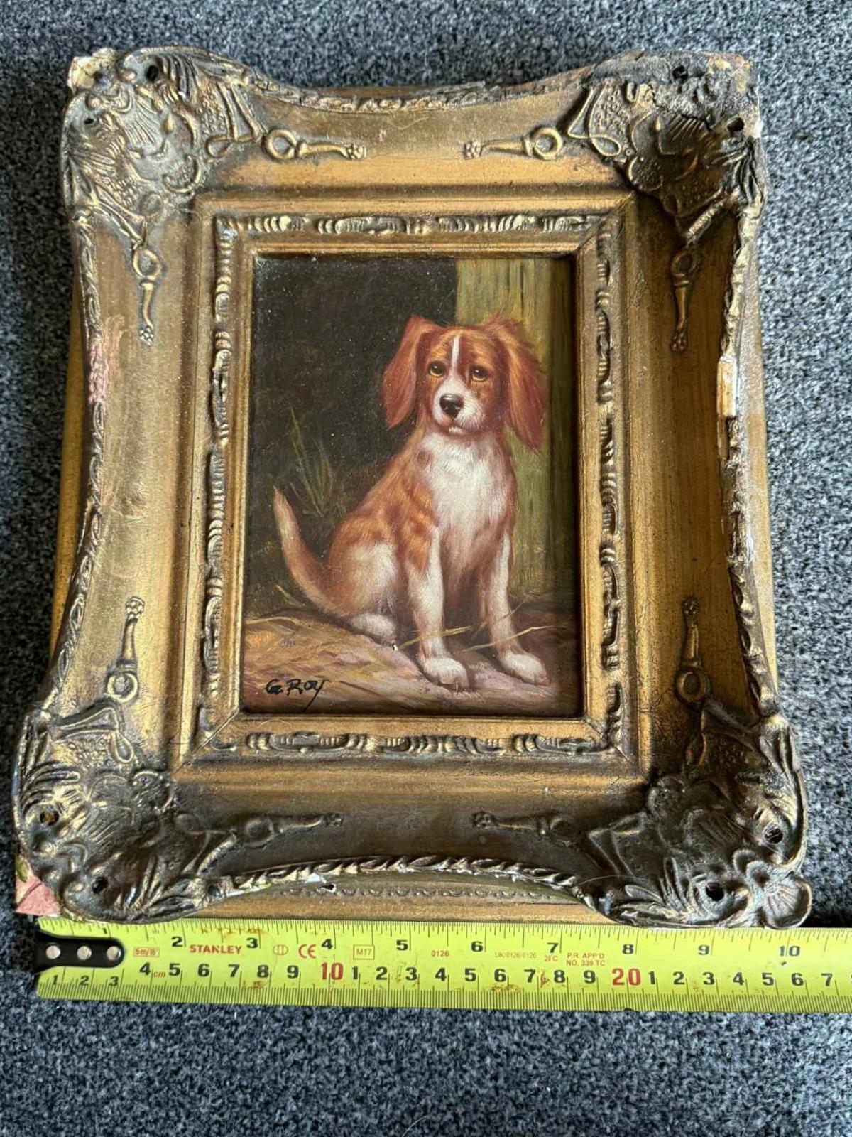 Charming Vintage Dog Painting in Ornate Frame - Singed "G Roy"