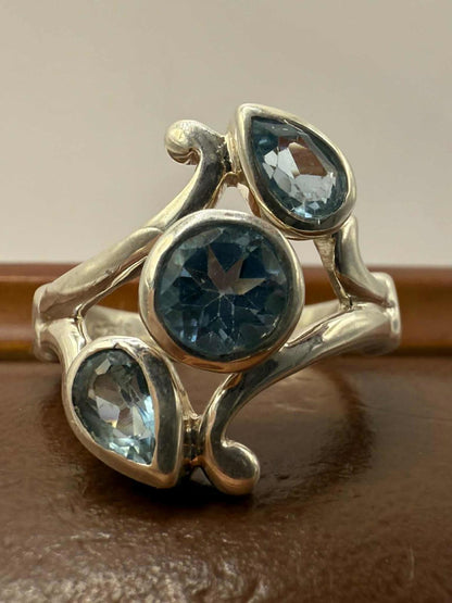 Quality 925 Sterling Silver Topaz Trilogy Ring • Size - N • 5.97 Grams