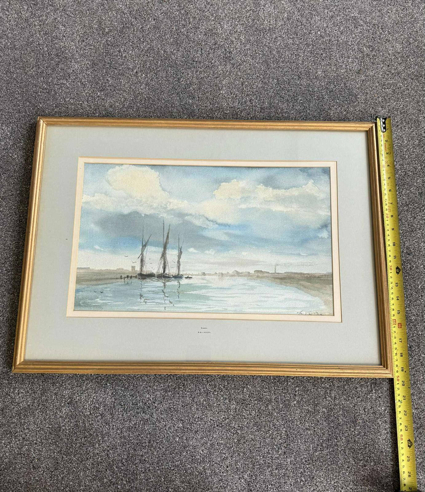 Vintage Watercolour of Boats on Norfolk Broads Gold Frame - Signed