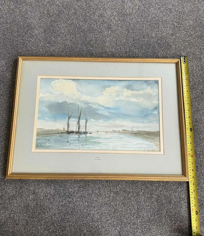 Vintage Watercolour of Boats on Norfolk Broads Gold Frame - Signed
