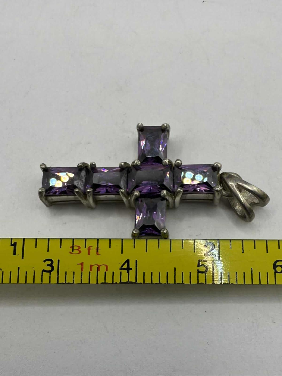Quality 925 Sterling Silver Amethyst Set Cross Pendant • 4.28 Grams