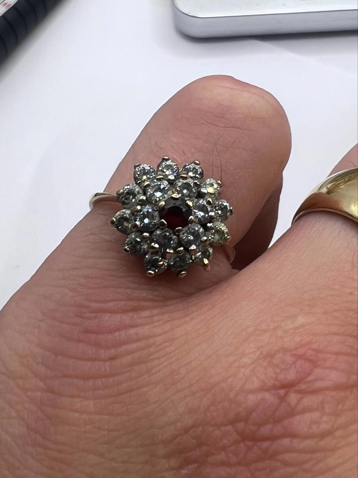 Vintage 9ct Yellow Gold Garnet & White Stone Ring • Size - P  • 3.23 Grams