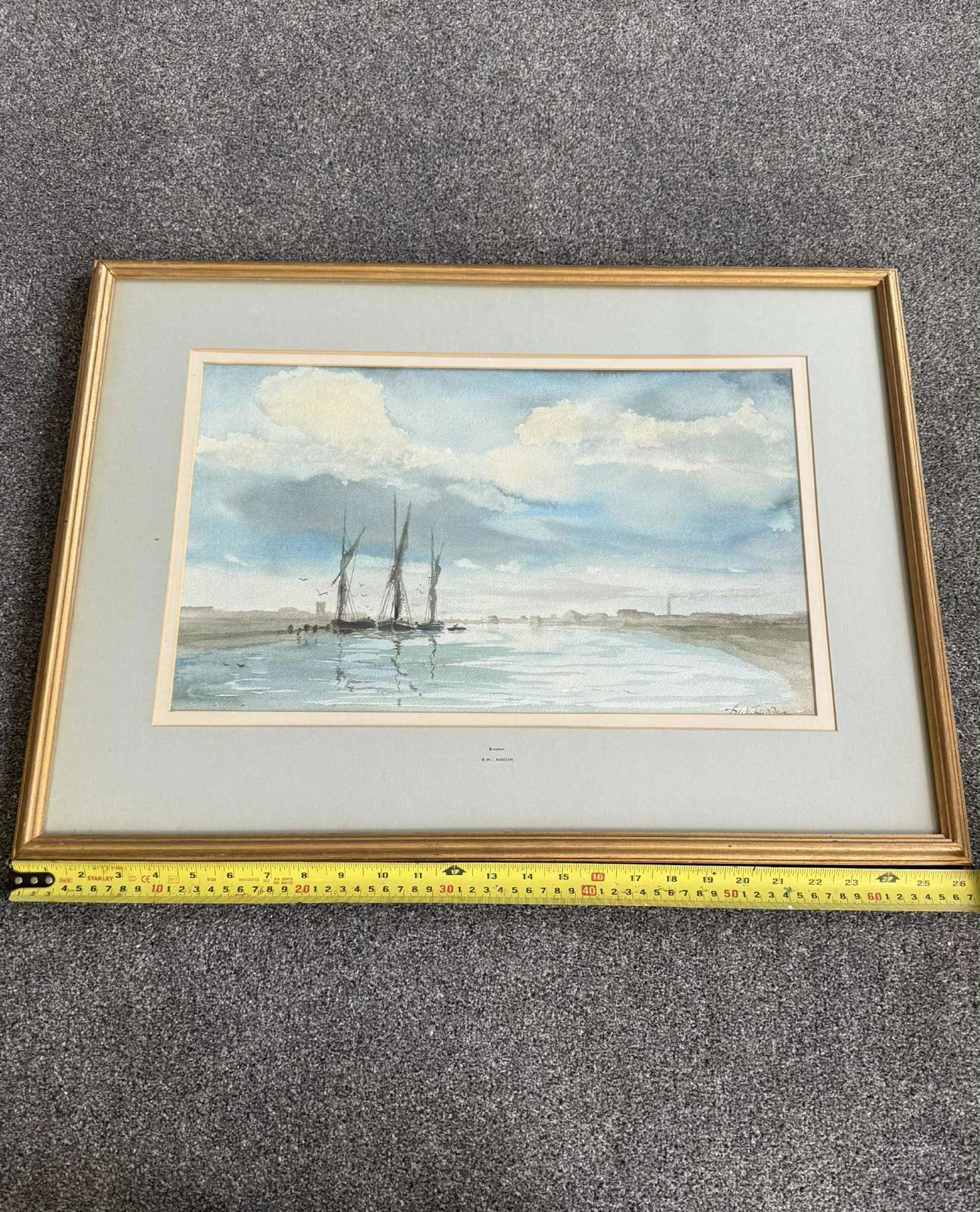 Vintage Watercolour of Boats on Norfolk Broads Gold Frame - Signed