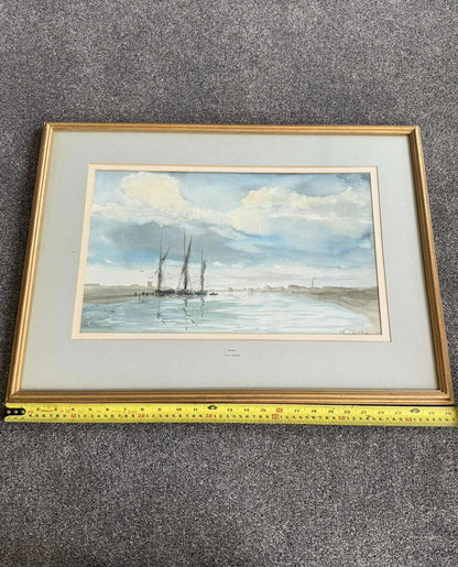 Vintage Watercolour of Boats on Norfolk Broads Gold Frame - Signed