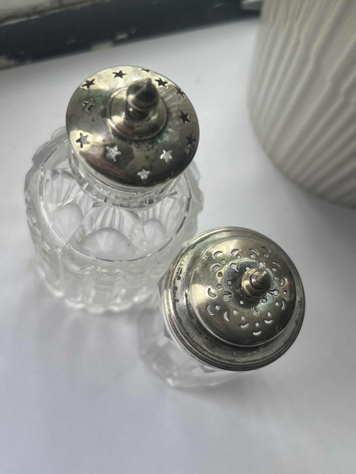 Antique Silver Top Crystal Salt and Pepper Shakers