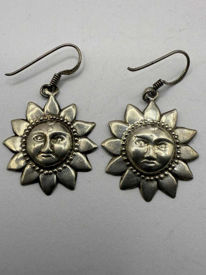 Quality 925 Sterling Silver Sun Face Dangle Earrings• 3.26 Grams