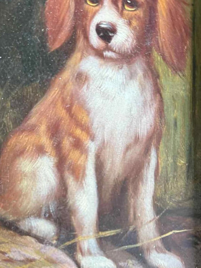 Charming Vintage Dog Painting in Ornate Frame - Singed "G Roy"