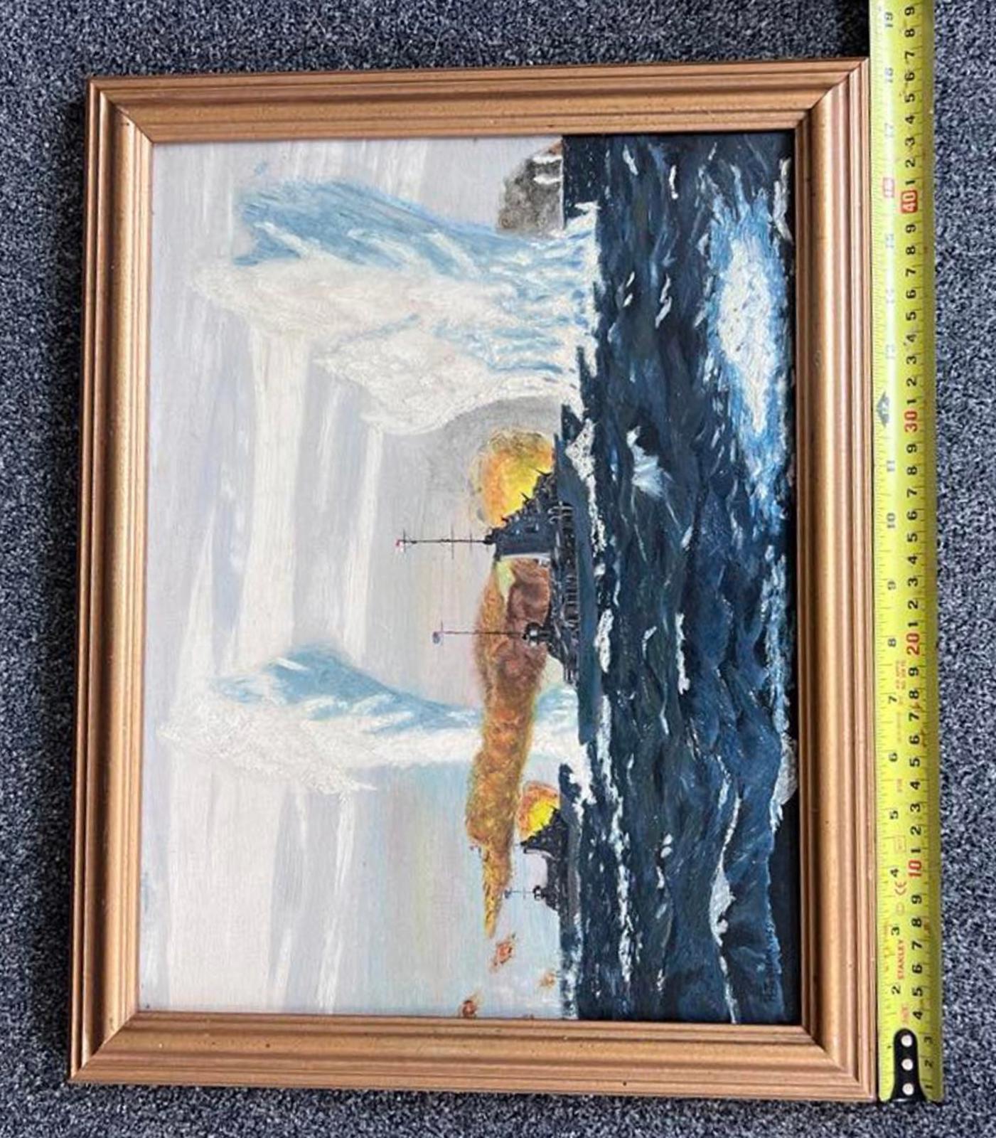 Dramatic Naval Battle Oil Painting - 1965 - Signed "H Johnson"