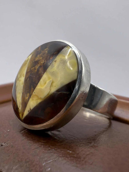 Quality 925 Sterling Silver Amber Mosaic Ring • Size - N • 6.75 Grams