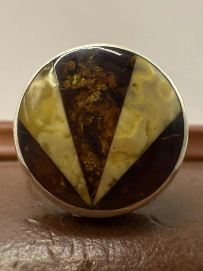 Quality 925 Sterling Silver Amber Mosaic Ring • Size - N • 6.75 Grams
