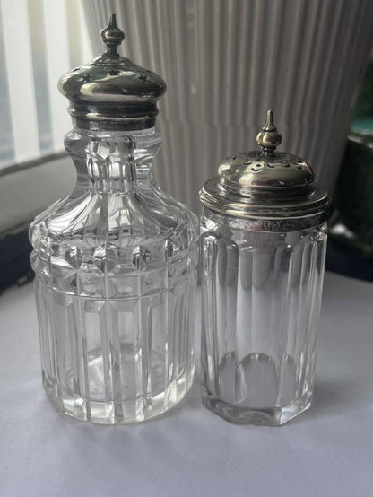 Antique Silver Top Crystal Salt and Pepper Shakers