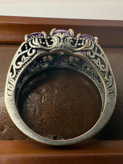 Quality 925 Sterling Silver Amethyst Trilogy Ring • Size - Q • 4.15 Grams