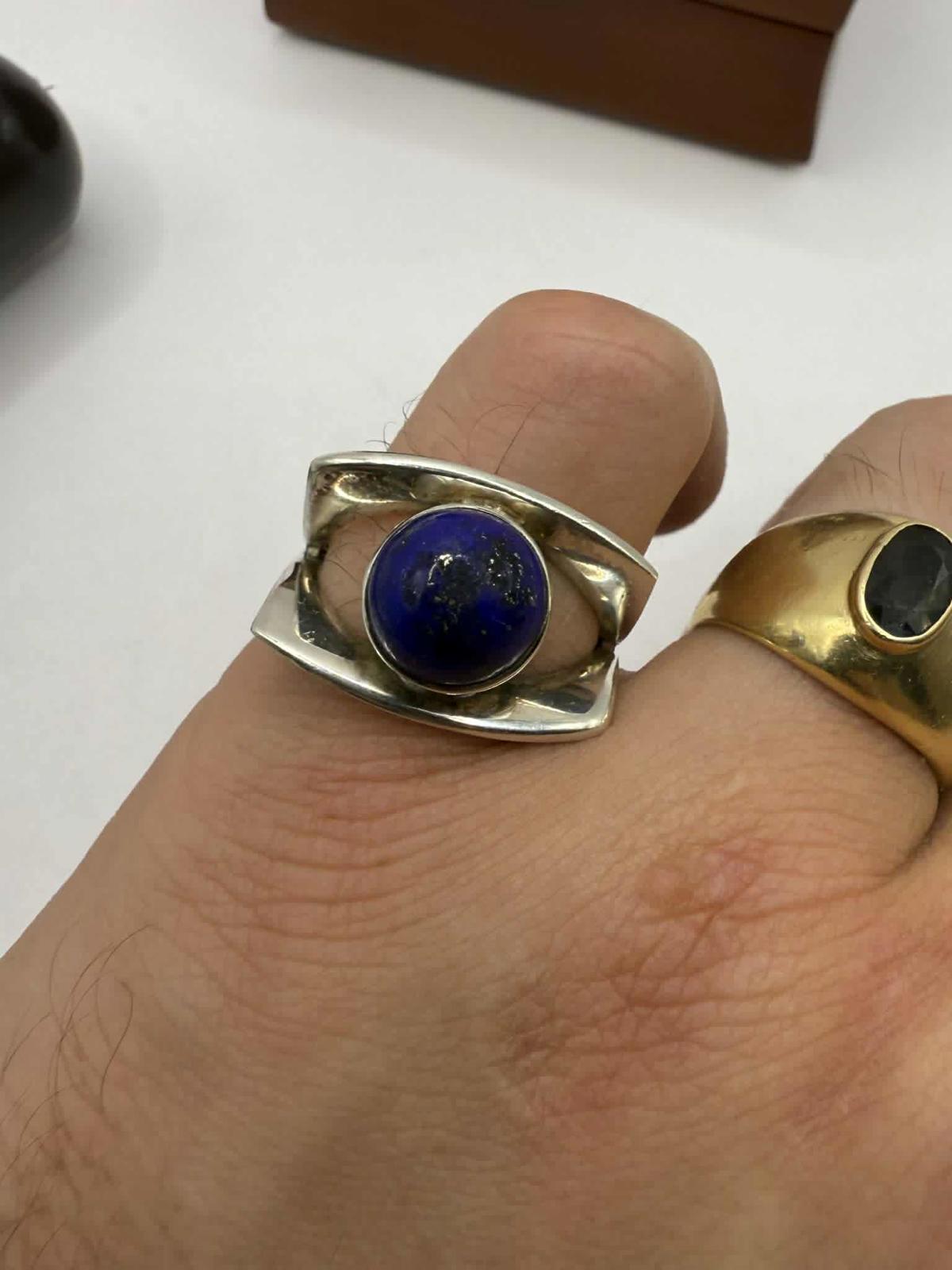 Quality Polish 925 Silver Lapis Lazuli Eye Ring • Size - N½ • 6.88 Grams