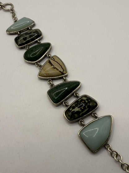 Quality 925 Sterling Silver Chinese Stone Set Bracelet • 8 Inch • 46.89 Grams