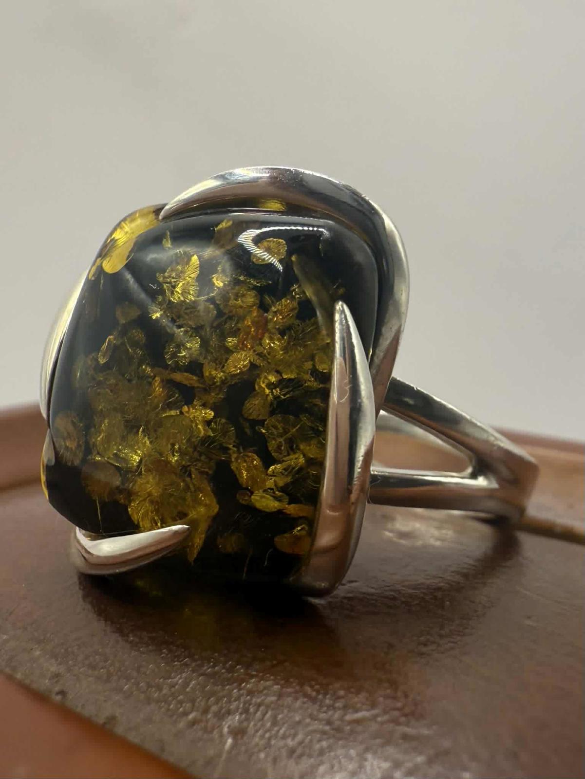 Quality 925 Sterling Silver Amber Set Ring • Size - N • 7.70 Grams