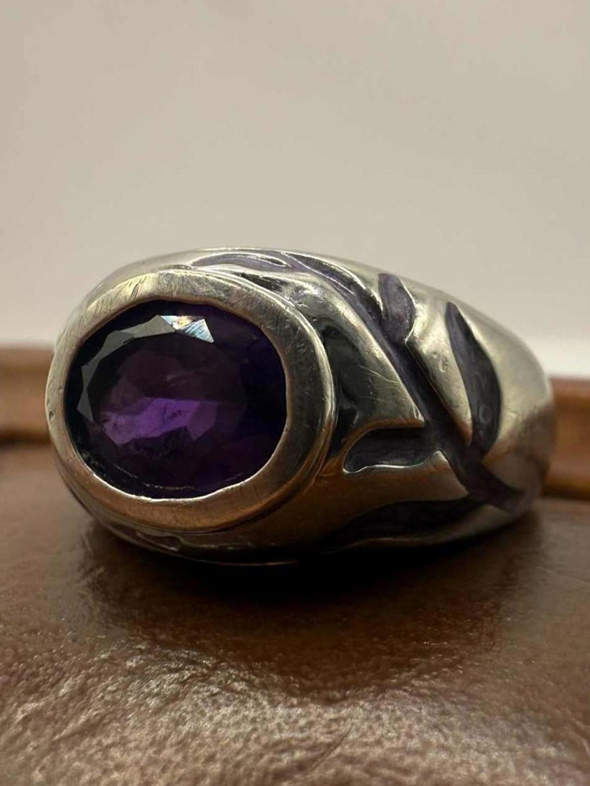 Quality 925 Sterling Silver Enamel & Amethyst Set Ring • 5.66 Grams • Size - M