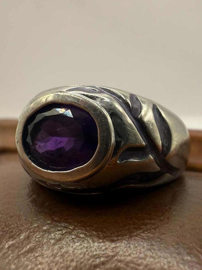 Quality 925 Sterling Silver Enamel & Amethyst Set Ring • 5.66 Grams • Size - M