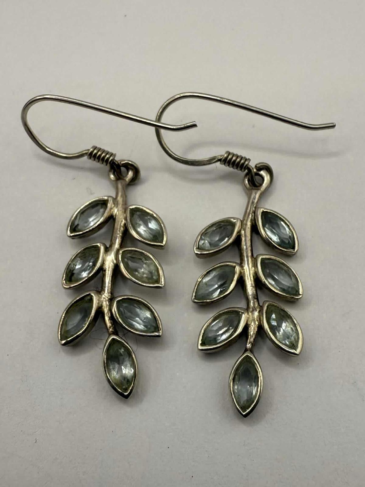 Quality 925 Sterling Silver Topaz Leaf Dangle Earrings • 3.98 Grams