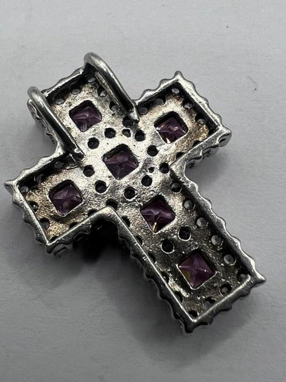 Quality 925 Sterling Silver Pink Stone Set Cross Pendant - 6.79 Grams