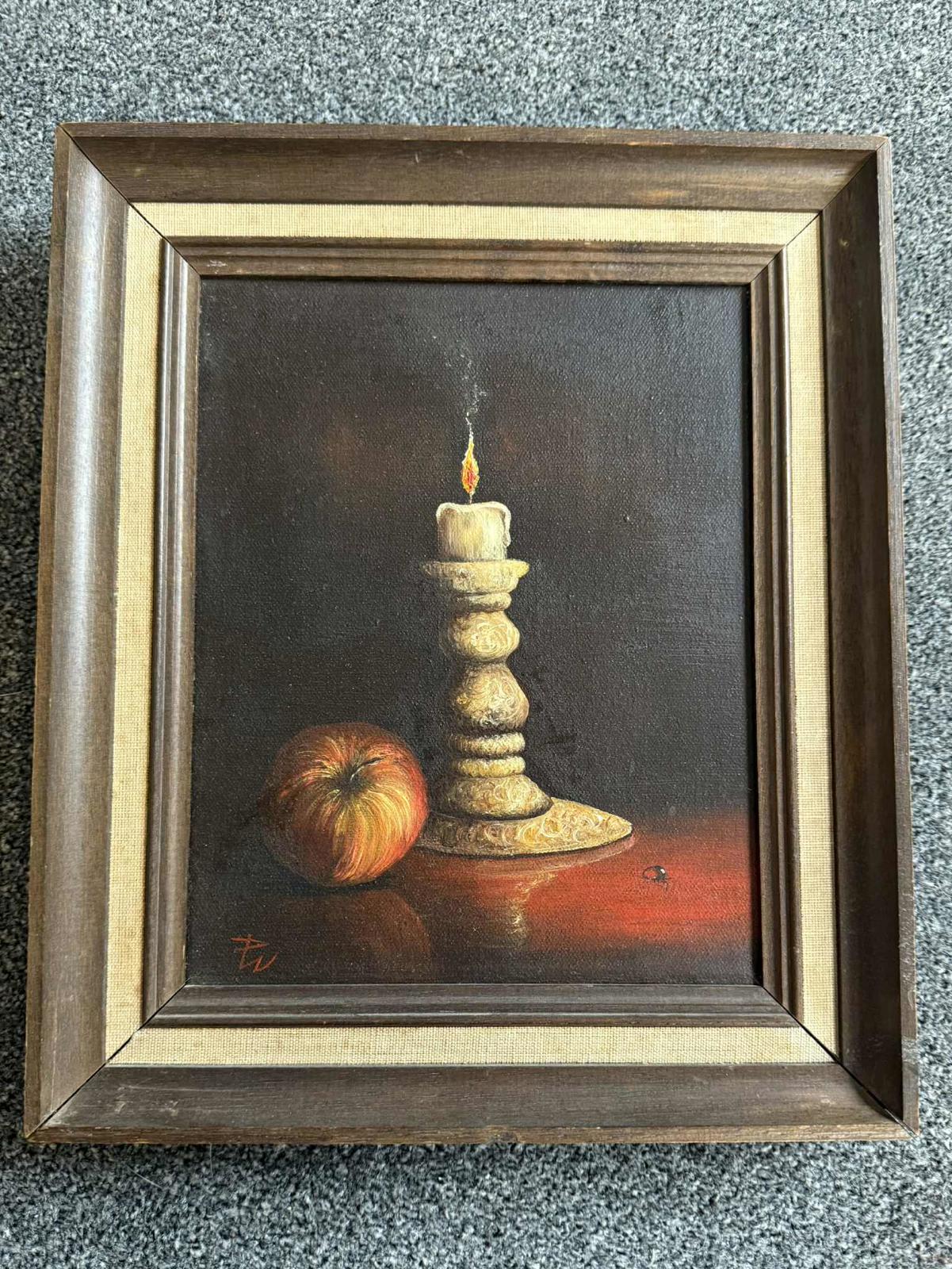 Vintage Still Life Oil Painting Of A Candle in Wooden Frame - Singed "PW"