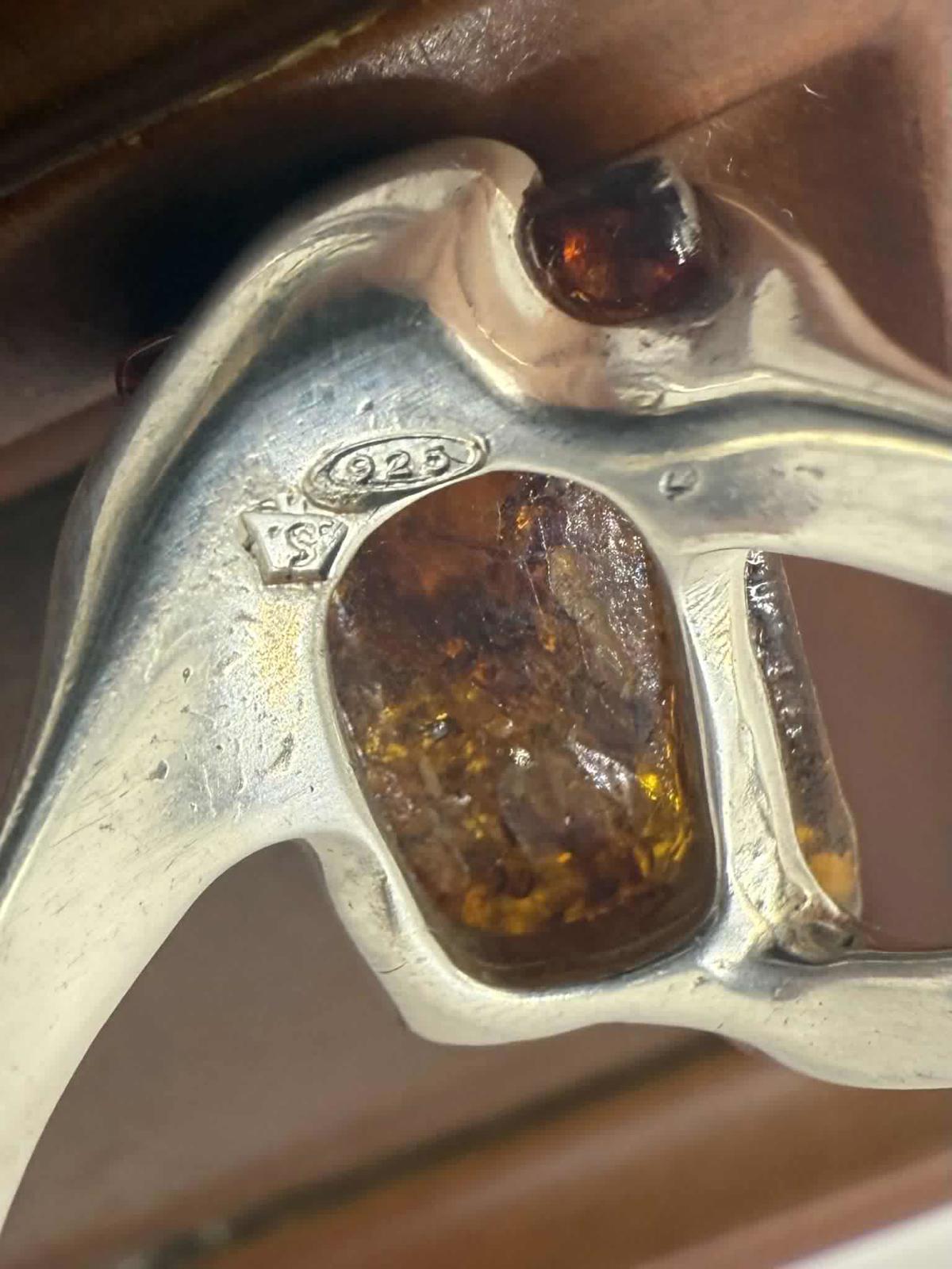 Quality 925 Sterling Silver Amber Set Ring• Size - S • 5.78 Grams