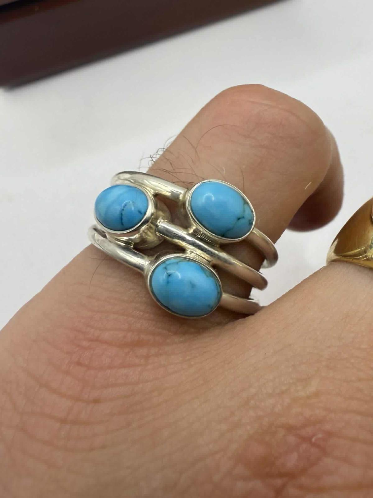 Quality 925 Sterling Silver Turquoise Set Ring • Size - Q • 6.63 Grams