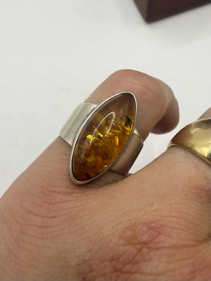 Quality 925 Sterling Silver Amber Set Ring • Size - M½ • 4.98 Grams
