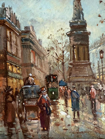 Vintage French Street Scene Oil Painting With Monument - Singed - "Sebastion"