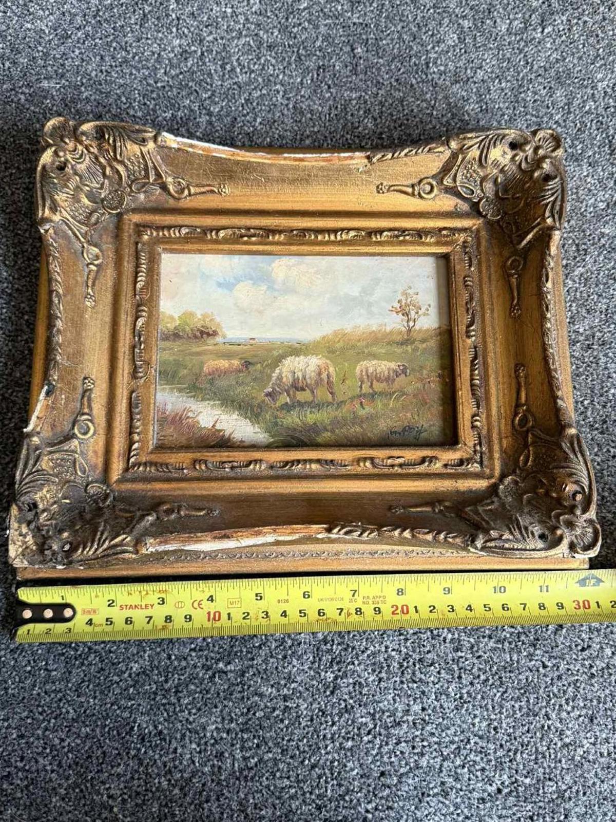Vintage Ornate Landscape Oil Painting Of Sheep In Field - Signed "G Roy"