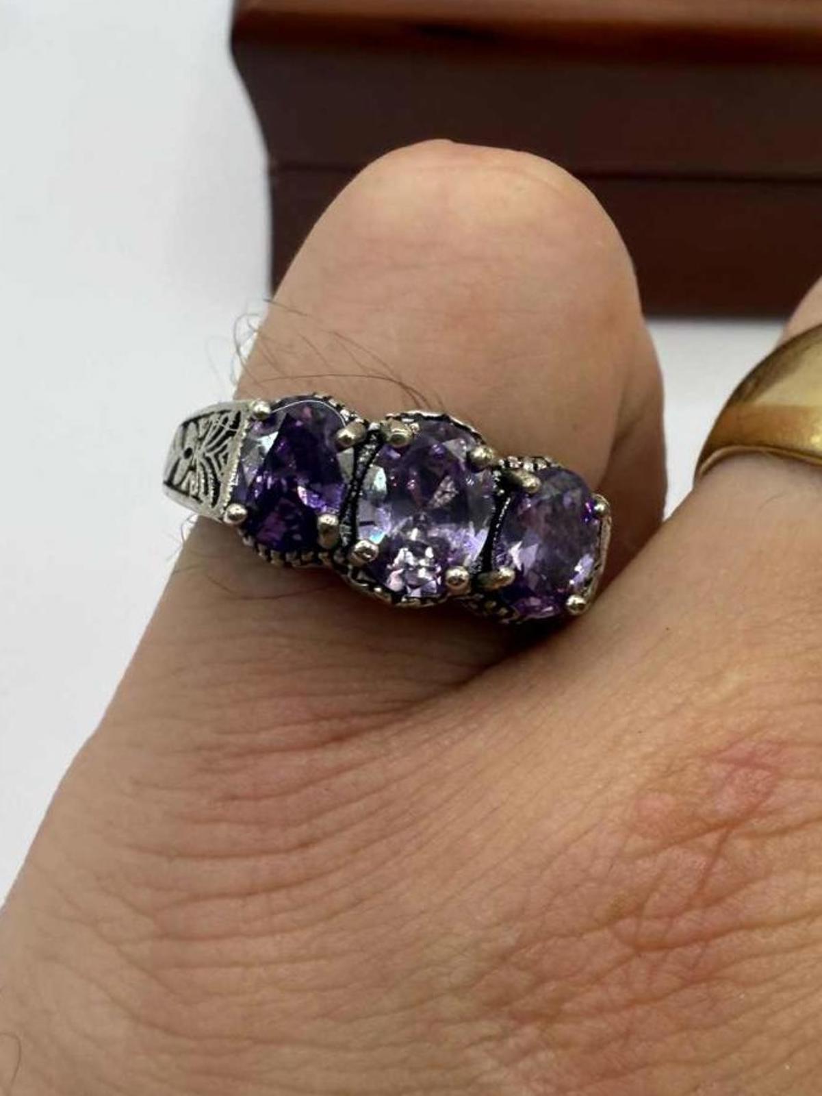 Quality 925 Sterling Silver Amethyst Trilogy Ring • Size - Q • 4.15 Grams