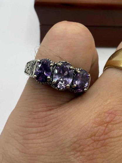 Quality 925 Sterling Silver Amethyst Trilogy Ring • Size - Q • 4.15 Grams