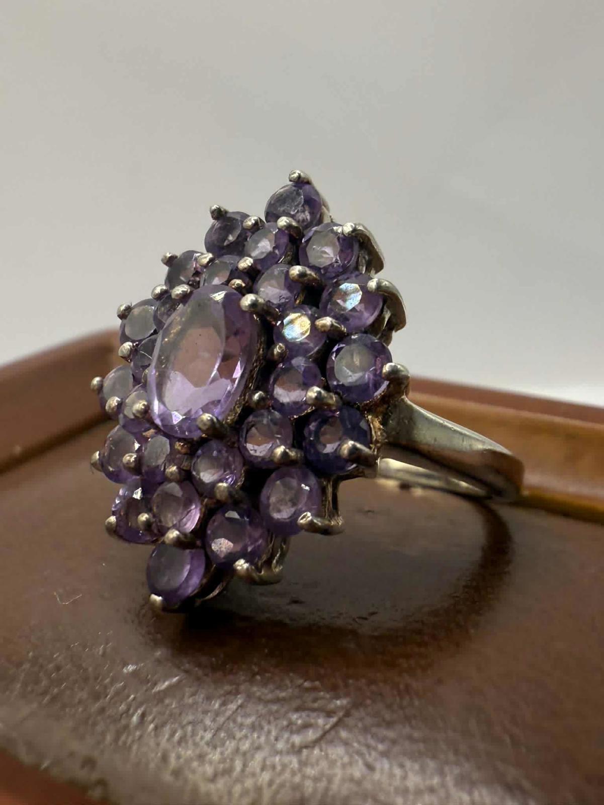 Quality 925 Sterling Silver Amethyst Set Cluster Ring • Size - P • 4.26 Grams