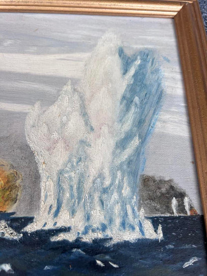 Dramatic Naval Battle Oil Painting - 1965 - Signed "H Johnson"
