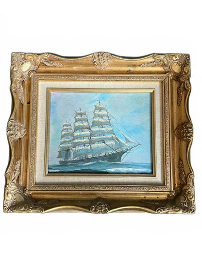 Vintage Ornate Framed Vibrant Maritime Oil Painting Set