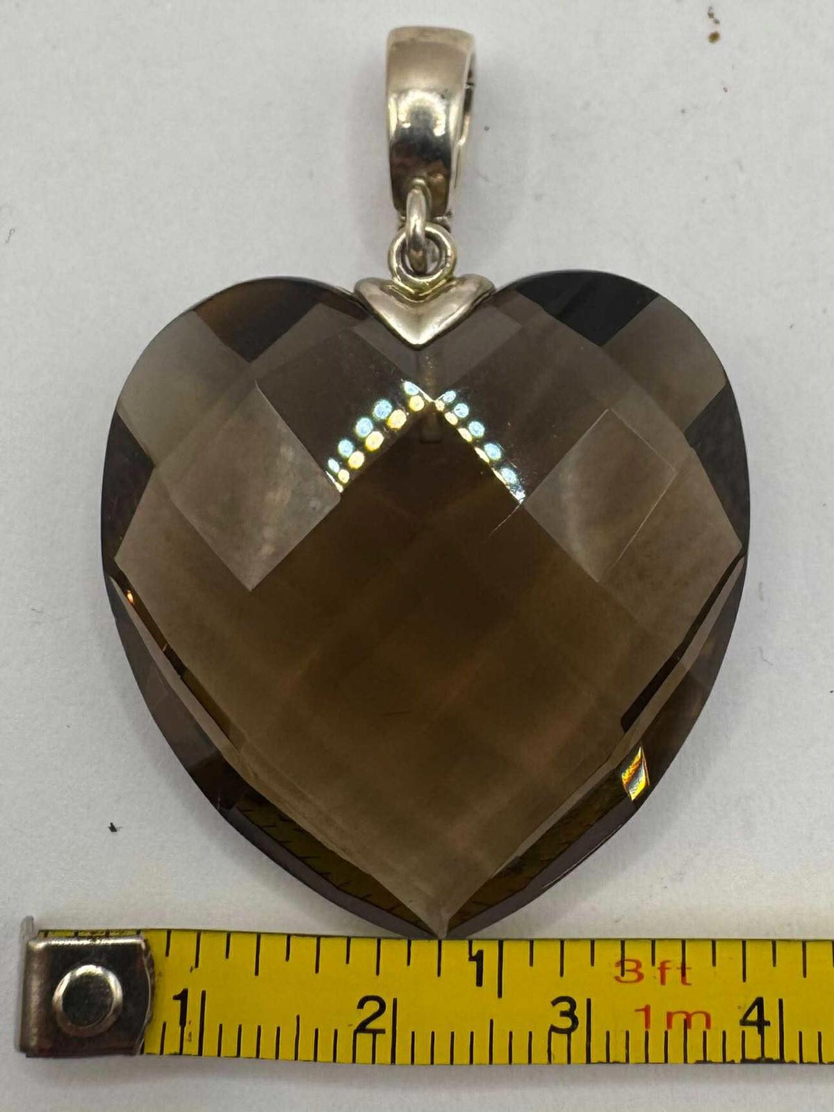 Quality 925 Silver Faceted Heart Smoky Quartz Pendant • 22.57 Grams