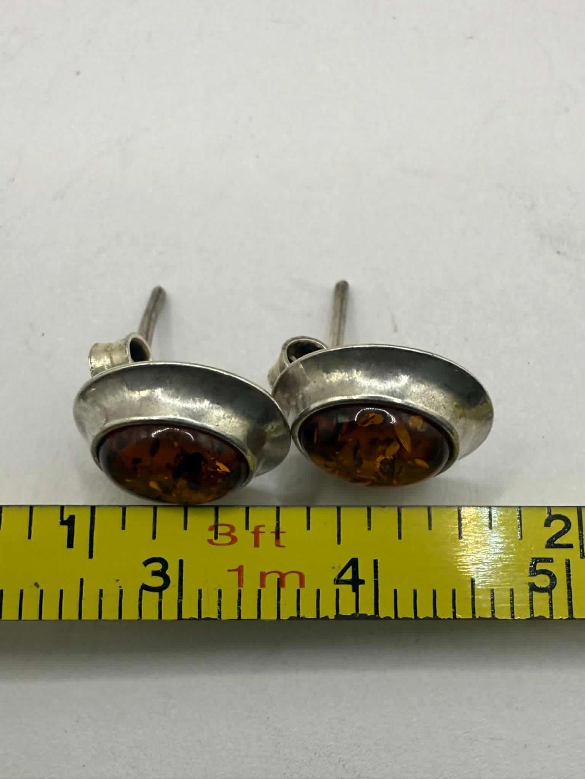 Quality 925 Sterling Silver Amber Set Stud Earrings • 2.45 Grams
