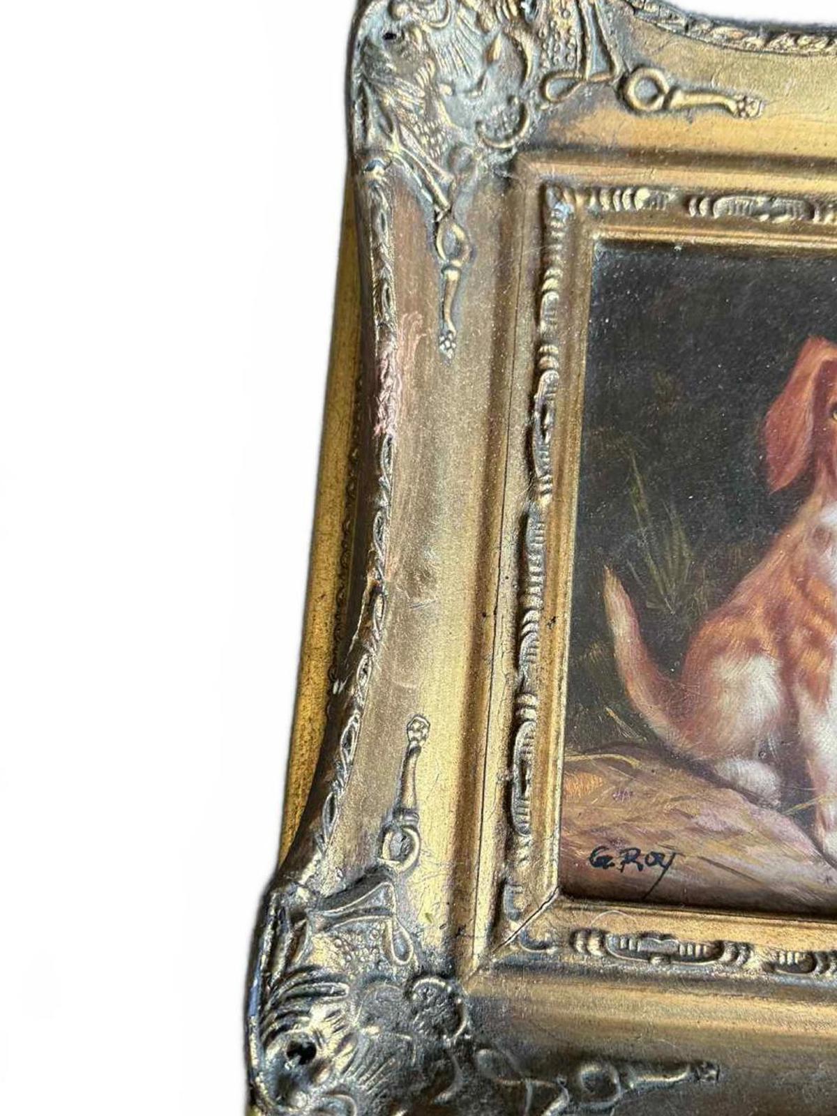 Charming Vintage Dog Painting in Ornate Frame - Singed "G Roy"