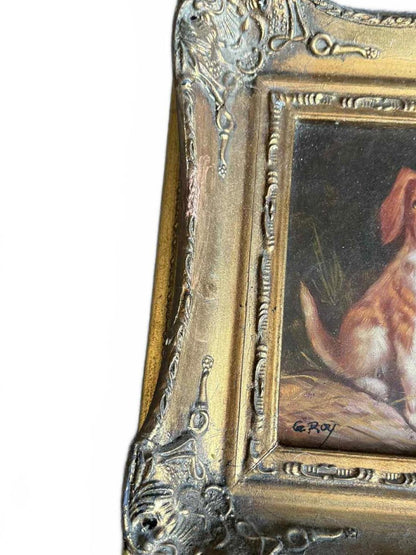 Charming Vintage Dog Painting in Ornate Frame - Singed "G Roy"