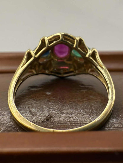 Quality 9ct Yellow Gold Ruby, Emerald, Sapphire & Diamond Set Ring • Size - L½
