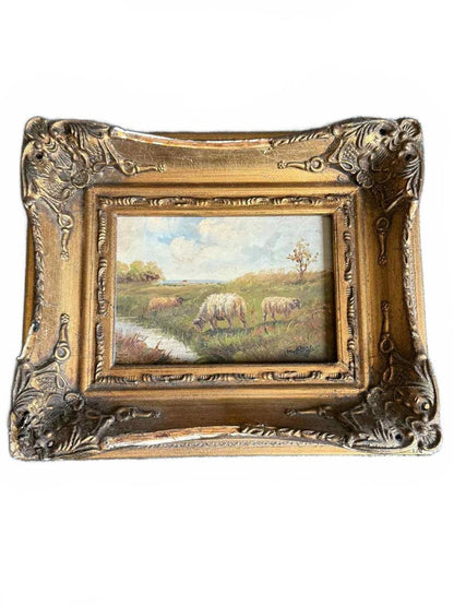 Vintage Ornate Landscape Oil Painting Of Sheep In Field - Signed "G Roy"